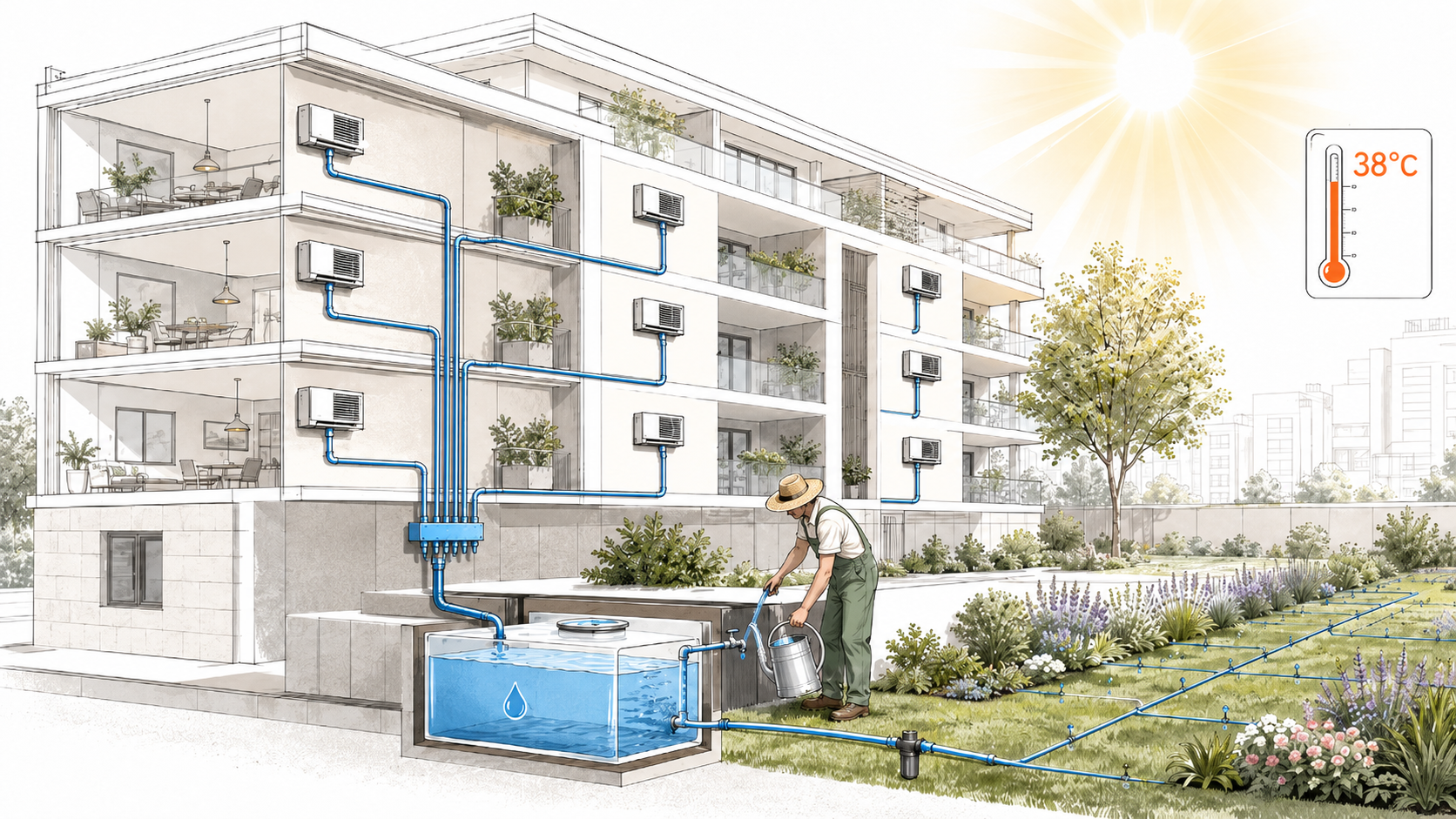 Illustration Aircondensa : immeuble équipé de climatiseurs raccordés à une citerne de collecte d'eau de condensation, utilisée pour irriguer le jardin adjacent, sous 38°C.
